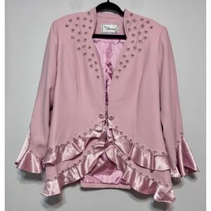Vintage Glam Ms. Divine Pink Ruffle Blazer XL Beaded Floral Details Coquette Y2K